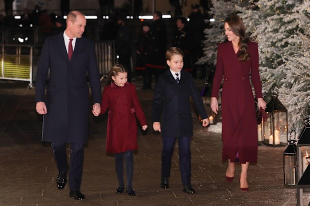 Prince William, Prince of Wales, Princess Charlotte of Wales, Prince George of Wales and Catherine, Princess of Wales attend the 'Together at Christmas' Carol Service at Westminster Abbey on December 15, 2022 in London, England