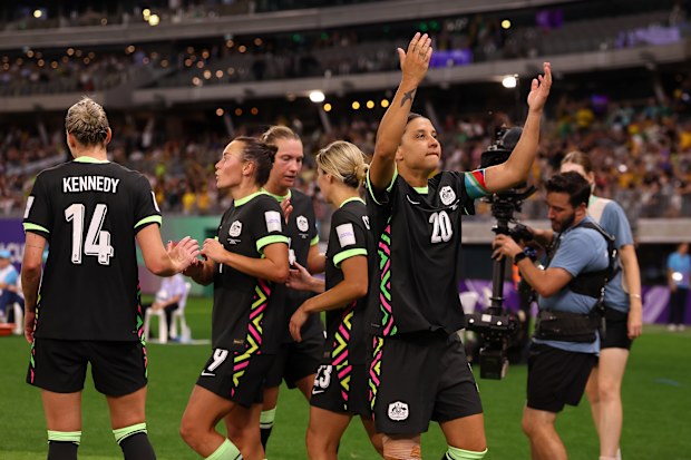 PERTH, AUSTRALIA - MARCH 17: Sam Kerr of Australia celebrates scoring her team's second goal during the AFC Women's Asian Cup Australia 2026 Semi Final match between Australia Matildas and China PR at Perth Stadium on March 17, 2026 in Perth, Australia. (Photo by Paul Kane/Getty Images)