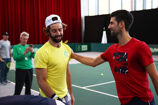 Novak Djokovic and Jordan Thompson after a Davis Cup practice session in 2019 in Madrid.