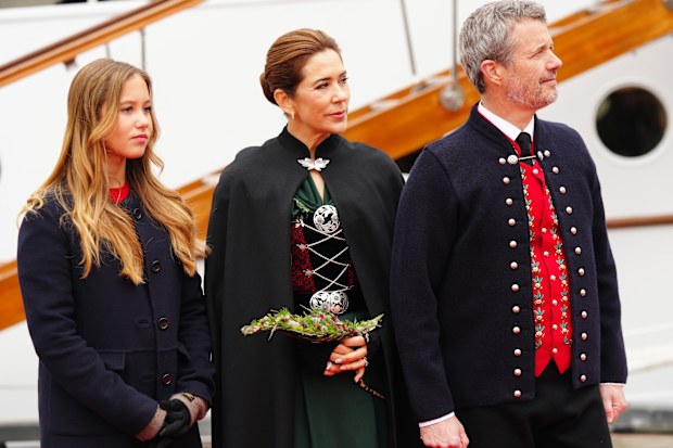 Danish King Frederik X, Danish Queen Mary, centre, and Princess Josephine arrive with the Royal Yacht at Bursatangi in Torshavn in the Faroe Islands,  Wednesday, June 11, 2025. (Ida Marie Odgaard/Ritzau Scanpix via AP)