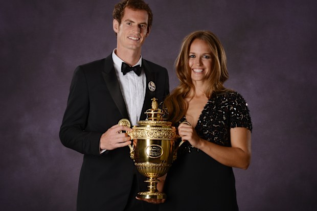 LONDON, ENGLAND - JULY 07:  (EDITORS NOTE: This image has been retouched) Andy Murray of Great Britain poses his  poses with his girlfriend Kim Sears and the Gentlemen's Singles Trophy at the Wimbledon Championships 2013 Winners Ball at InterContinental Park Lane Hotel on July 7, 2013 in London, England.  (Photo by Bob Martin - Pool/AELTC/Getty Images)