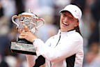 Iga Swiatek of Poland celebrates after victory against Karolina Muchova of Czech Republic at the French Open.