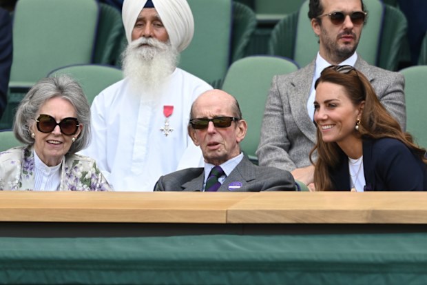 LONDON, ENGLAND - JULY 02: Katharine, Duchess of Kent, Rajinder Singh MBE, Prince Edward, Duke of Kent and Catherine, Duchess of Cambridge attend Wimbledon Championships Tennis Tournament at All England Lawn Tennis and Croquet Club on July 02, 2021 in London, England. (Photo by Karwai Tang/WireImage)