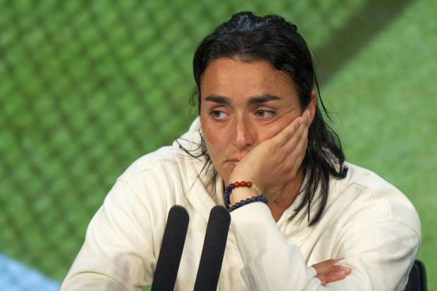 A dejected Ons Jabeur during a press conference after her defeat in the final of the women's singles at Wimbledon.