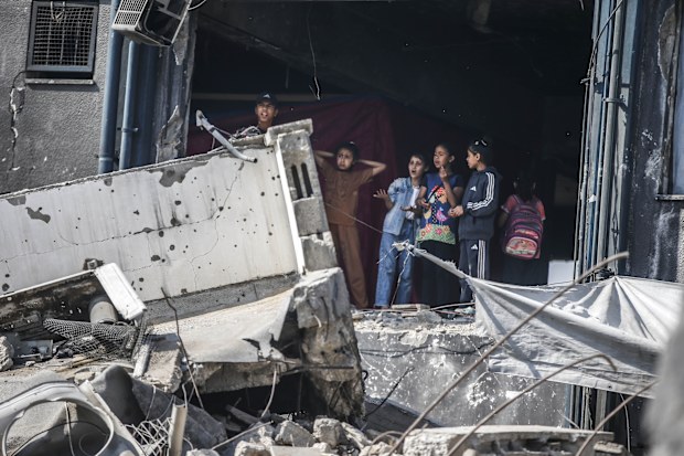 GAZA CITY, GAZA - MAY 10: A view of the destruction after Israeli army targeted the United Nations Relief and Works Agency for Palestine Refugees in the Near East (UNWRA) building in Jabalia Camp in Gaza Strip on May 10, 2025. (Photo by Mahmoud ssa/Anadolu via Getty Images)