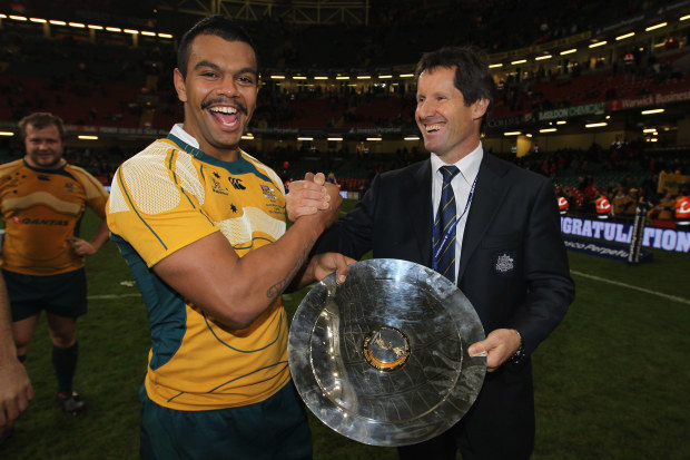 Kurtley Beale with former Wallebies coach Robbie Deans after making his debut for Australia in their win over Wales at Millennium Stadium in 2009.