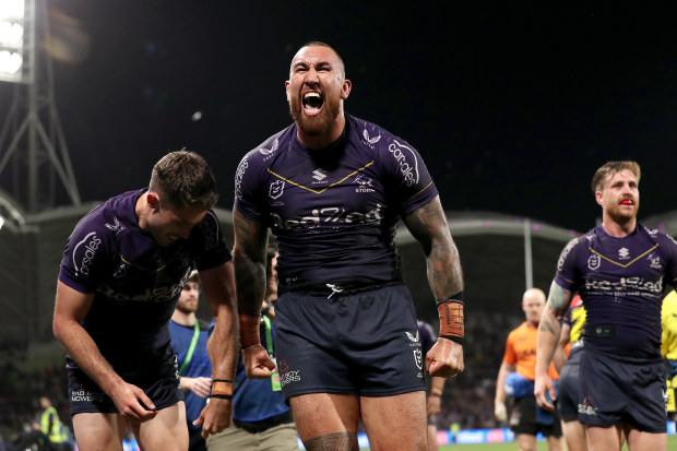 Nelson Asofa-Solomona celebrates the try of Will Warbrick in the NRL semi-final between the Melbourne Storm and Sydney Roosters. 