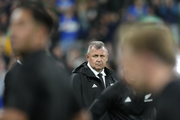 New Zealand's head coach Ian Foster watches his players warm up ahead of the Rugby World Cup quarter-final.
