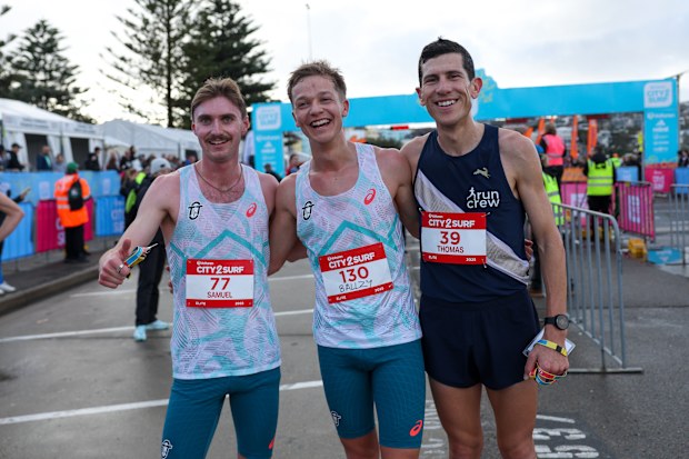 From left: Sam Clifford, Isaac Heyne and Tom Do Canto after sweeping the podium at this year's City to Surf.