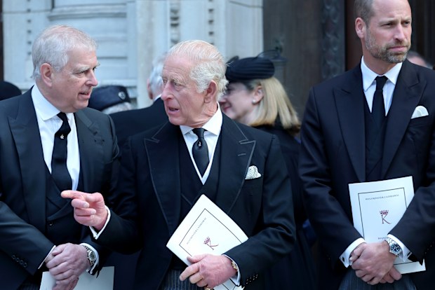 LONDON, ENGLAND - SEPTEMBER 16: Prince Andrew, Duke of York, King Charles III and Prince William, Prince of Wales attend the Funeral of the Duchess of Kent at Westminster Cathedral on September 16, 2025 in London, England. Katharine, Duchess of Kent was married to Prince Edward, Duke of Kent, the first cousin of Queen Elizabeth II. She died on September 4 at the age of 92 at Kensington Palace surrounded by her family. Having converted to Catholicism in 1994, her funeral takes place at Westminste