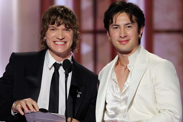 Heated Rivalry stars Connor Storrie, Hudson Williams at the 83rd Annual Golden Globes on January 11, 2026 in Beverly Hills, California.