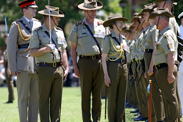 Her Royal Highness Princess Anne inspects the Centenary Parade at Victoria Barracks in Sydney, New South Wales, Sunday, November 9th, 2025. Princess Anne is visiting Australia to mark the Centenary of the Royal Australian Corps of Signals. (AAP Image/Damian Shaw) NO ARCHIVING