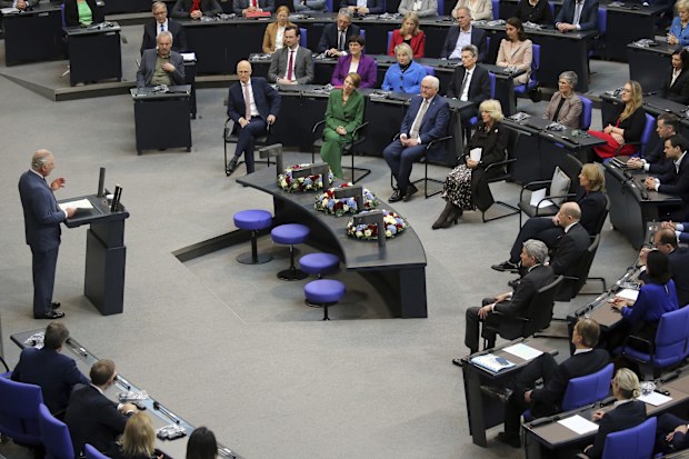King Charles III speaks in the German parliament Bundestag on the second day of his trip to Germany in Berlin, Thursday, March 30, 2023.   