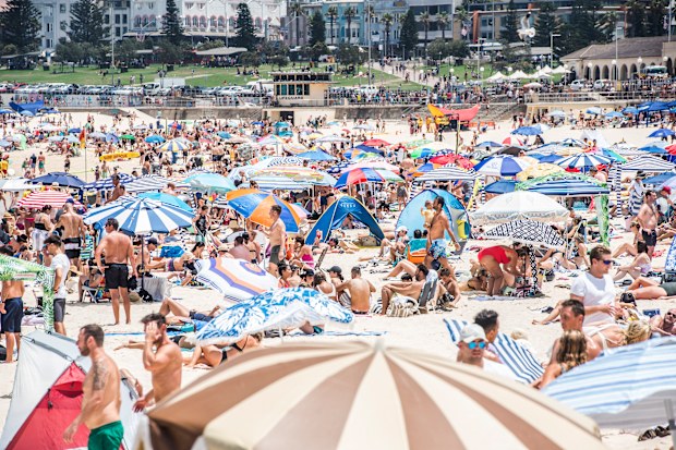 A packed Bondi Beach on Australia Day 2020.
