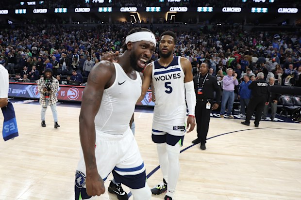 Patrick Beverley of the Minnesota Timberwolves celebrates winning the game against the LA Clippers.