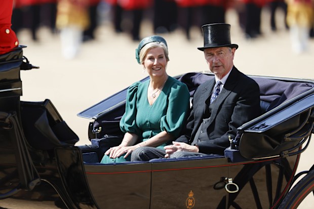 LONDON, ENGLAND - JUNE 14: Sophie, Duchess of Edinburgh and Vice Admiral Sir Timothy Laurence attend Trooping The Colour 2025 at Buckingham Palace on June 14, 2025 in London, England. Trooping The Colour is a ceremonial parade celebrating the official birthday of the British Monarch. The event features over 1,400 soldiers and officers, accompanied by 200 horses. More than 400 musicians from ten different bands and Corps of Drums march and while performing. (Photo by John Phillips/Getty Images)