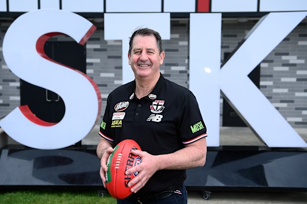 MELBOURNE, AUSTRALIA - OCTOBER 24: Ross Lyon the new coach of the Saints poses during a St Kilda Saints AFL press conference at RSEA Park on October 24, 2022 in Melbourne, Australia. (Photo by Quinn Rooney/Getty Images)