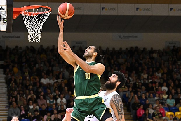 Xavier Cooks of the Boomers drives to the basket.