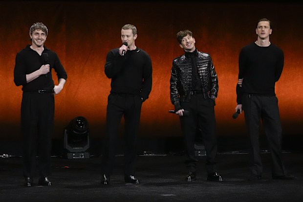 Paul Mescal, from left, Joseph Quinn, Barry Keoghan, and Harris Dickinson, cast members of the upcoming films about The Beatles, speak during the Sony Pictures presentation at CinemaCon on Monday, March 31, 2025, at Caesars Palace in Las Vegas. (AP Photo/Chris Pizzello)