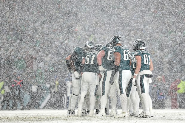 The Philadelphia Eagles huddle against the Los Angeles Rams during the fourth quarter in the NFC Divisional Playoff at Lincoln Financial Field on January 19, 2025 in Philadelphia, Pennsylvania. (Photo by Sarah Stier/Getty Images)