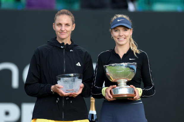 Katie Boulter (R) of Great Britain poses for a photo with the Rothesay Open Nottingham, Elena Baltacha trophy with runner up, Karolina Pliskova of Czechia following the Women's Singles Final match on Day Seven of the Rothesay Open Nottingham at Lexus Nottingham Tennis Centre on June 16, 2024 in Nottingham, England.  (Photo by Nathan Stirk/Getty Images for LTA)