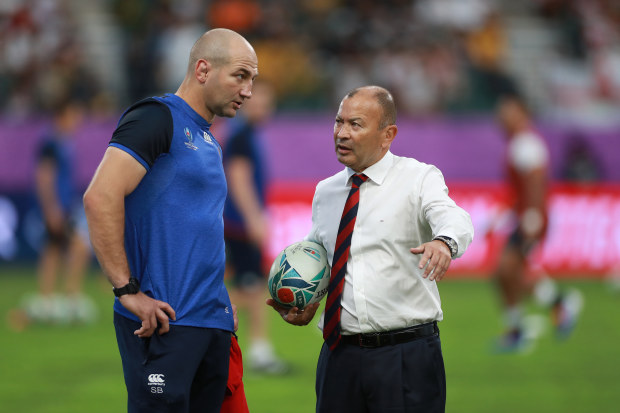 Then England coach Eddie Jones (right) and forwards coach Steve Borthwick during the Rugby World Cup 2019 quarter final match between England and Australia in Japan.