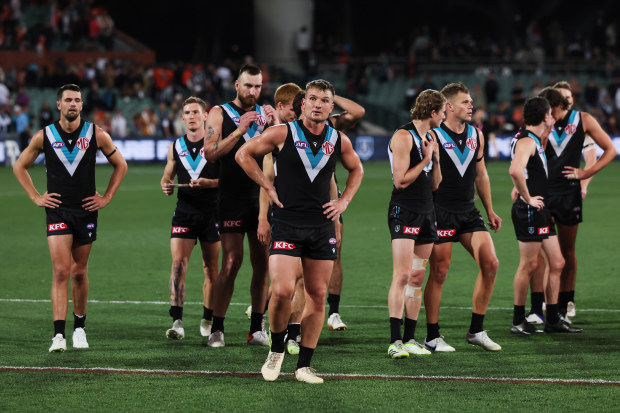 Ollie Wines and Port Adelaide teammates after Saturday's semi final loss.