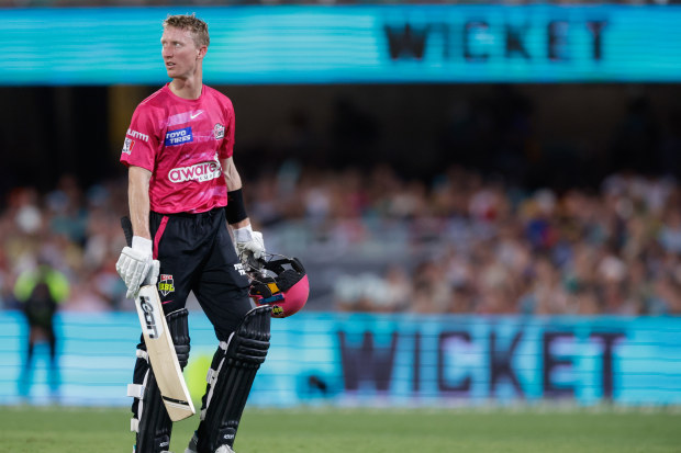 BRISBANE, AUSTRALIA - JANUARY 01: Jordan Silk of the Strikers looks dejected after being dismissed during the Men's Big Bash League match between the Brisbane Heat and the Sydney Sixers at The Gabba, on January 1, 2023, in Brisbane, Australia. (Photo by Russell Freeman/Getty Images)