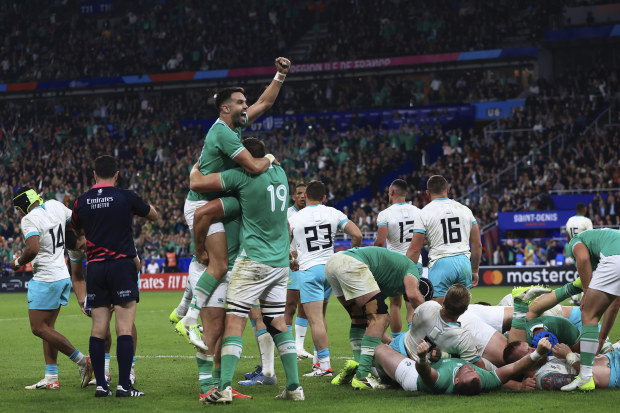 Ireland celebrate as they defeat South Africa during the Rugby World Cup at Stade de France.