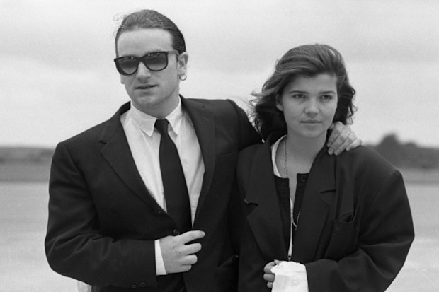 U2 Joshua Tree Tour Páirc Uí Chaoimh - Cork, Ireland, Bono and his wife Ali Hewson arriving at Cork Airport prior to the concert. (Part of the Independent Ireland Newspapers/NLI Collection). (Photo by Independent News and Media/Getty Images)
