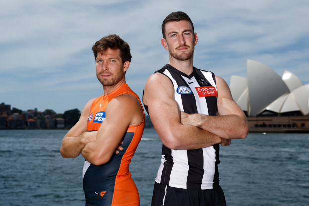 Toby Greene and Dan McStay pose for the AFL's Opening Round match.