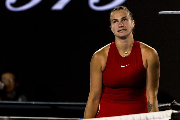 Aryna Sabalenka of Belarus shows her frustration during the quarter-finals of the 2024 Australian Open.