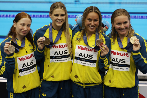 FUKUOKA, JAPAN - JULY 27: Gold medallists Mollie O'Callaghan, Shayna Jack, Brianna Throssell and Ariarne Titmus of Team Australia pose with their medals from the Women's 4 x 200m Freestyle Relay Final on day five of the Fukuoka 2023 World Aquatics Championships at Marine Messe Fukuoka Hall A on July 27, 2023 in Fukuoka, Japan. (Photo by Ian MacNicol/Getty Images)