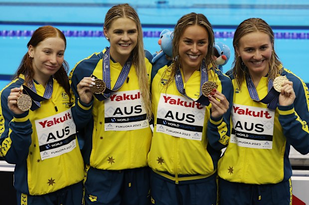 FUKUOKA, JAPAN - JULY 27: Gold medallists Mollie O'Callaghan, Shayna Jack, Brianna Throssell and Ariarne Titmus of Team Australia pose with their medals from the Women's 4 x 200m Freestyle Relay Final on day five of the Fukuoka 2023 World Aquatics Championships at Marine Messe Fukuoka Hall A on July 27, 2023 in Fukuoka, Japan. (Photo by Ian MacNicol/Getty Images)