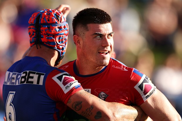 NEWCASTLE, AUSTRALIA - MAY 14: Kalyn Ponga and Bradman Best of the Knights celebrate a try scored by Bradman Best during the round 11 NRL match between Newcastle Knights and Gold Coast Titans at McDonald Jones Stadium on May 14, 2023 in Newcastle, Australia. (Photo by Mark Kolbe/Getty Images)