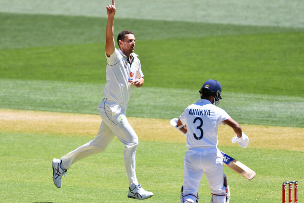 Josh Hazelwood of Australia celebrates the wicket of Ajinkya Rahane of India.
