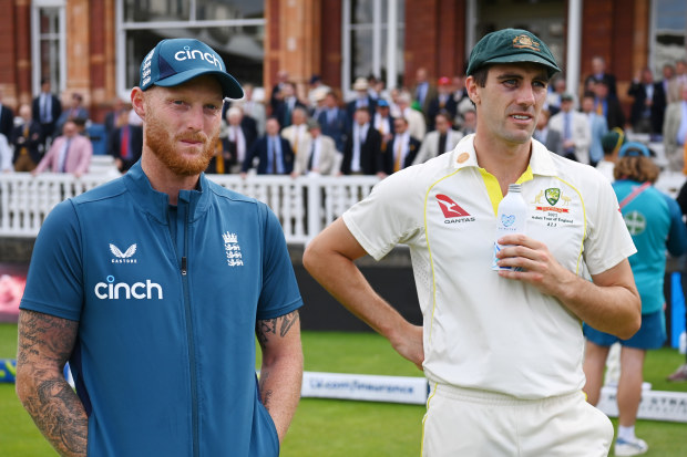 LONDON, ENGLAND - JULY 02: L-R: England captain, Ben Stokes of England and Australian captain, Pat Cummins of Australia waits for the post match presentation after Day Five of the LV= Insurance Ashes 2nd Test match between England and Australia at Lord's Cricket Ground on July 02, 2023 in London, England. (Photo by Gareth Copley/Getty Images)