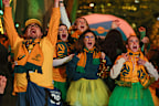MELBOURNE, AUSTRALIA - AUGUST 07: Australia fans celebrate at Melbourne's Federation Square after the Matildas scored the opening goal in their FIFA World Cup round of 16 match against Denmark, being played in Sydney, on August 07, 2023 in Melbourne, Australia. (Photo by Asanka Ratnayake/Getty Images)