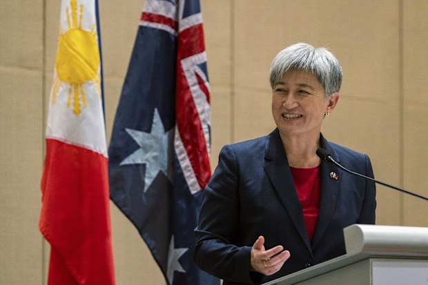 Australian Foreign Minister Penny Wong speaks beside Philippine Foreign Affairs Secretary Enrique Manalo during a joint press conference at a hotel in Makati City, Philippines on Thursday May 18, 2023