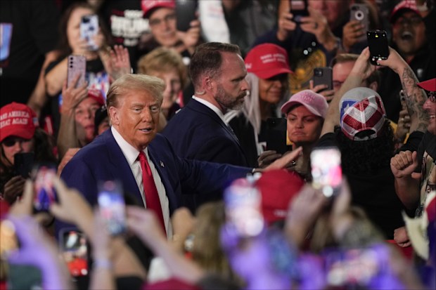 Republican presidential nominee former president Donald Trump arrives at a campaign town hall at the Greater Philadelphia Expo Center & Fairgrounds on Monday, Oct. 14, 2024, in Oaks, Pa.