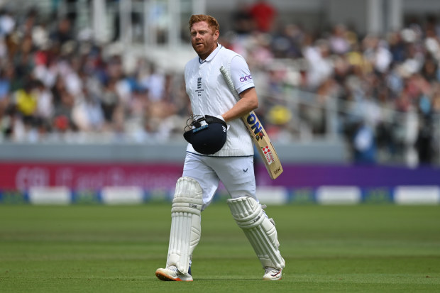 Jonny Bairstow of England leaves the field after being run out by Alex Carey of Australia during Day.