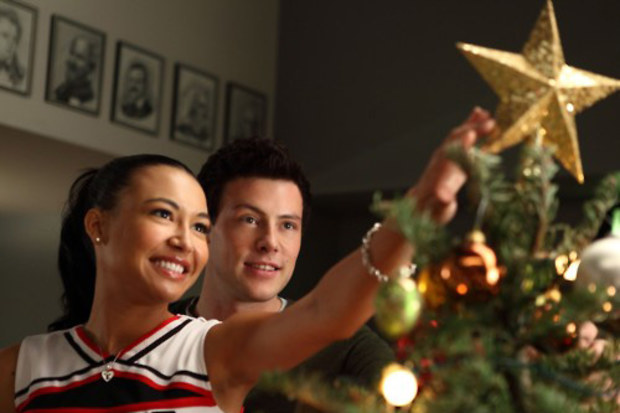 Cory Monteith and Naya Rivera on the set of Glee.