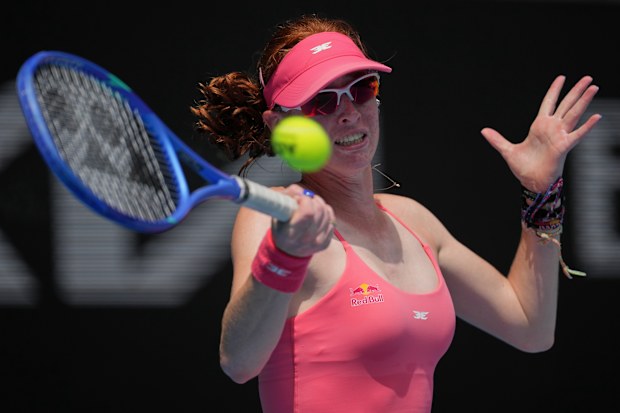 Maya Joint of Australia plays a forehand return to Tereza Valentova.