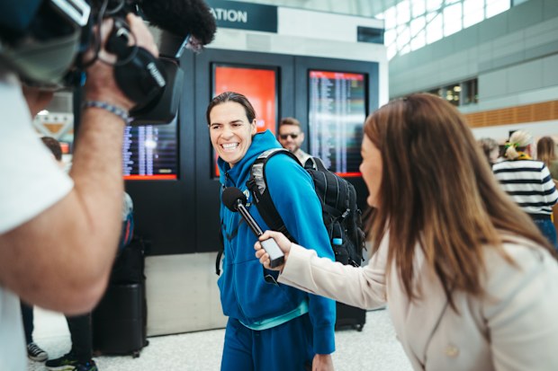 Lydia Williams arrives with the Matildas in Sydney ahead of Wednesday nights semi-final at Stadium Australia, Sydney Domestic Airport, Sunday 13th of August 2023. 