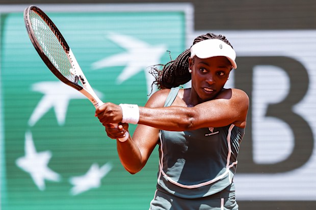 Sloane Stephens of the USA plays a backhand against Karolina Pliskova of Czech.