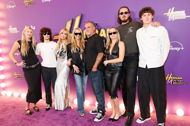 Maxx Morando, Miley Cyrus, Tish Cyrus, Dominic Purcell, Brandi Cyrus and Matt Southcombe attend the World Premiere of Disney+'s "Hannah Montana 20th Anniversary Special" at El Capitan Theatre on March 23, 2026 in Los Angeles, California.  