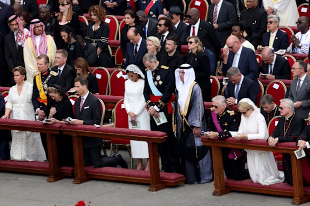 VATICAN CITY, VATICAN - MAY 18: (L-R) Princess Charlene of Monaco, Prince Albert II of Monaco, Grand Duchess Maria Teresa, Grand Duke Henri of Luxembourg, Princess Sophie of Liechtenstein of Belgium, Alois, Hereditary Prince of Liechtenstein, Queen Letizia of Spain, King Felipe VI of Spain and Sheikh Saud bin Saqr al Qasimi pray during the Inauguration Mass of Pope Leo XIV in St Peter's Square  on May 18, 2025 in Vatican City, Vatican. Pope Leo XIV (formerly Robert Francis Prevost) presided over