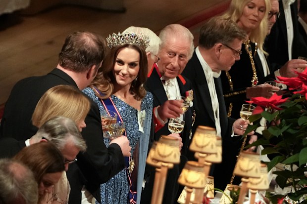 WINDSOR, ENGLAND - DECEMBER 03: King Charles III, Germany's President Frank-Walter Steinmeier and Catherine, Princess of Wales toast their glasses after the King delivered a speech during a state banquet at Windsor Castle on December 3, 2025 in Windsor, England. The President of the Federal Republic of Germany, accompanied by Ms. Elke Büdenbender, are paying a State Visit to the United Kingdom as the guests of Their Majesties The King and Queen. The visit is the first from Germany in 27 years an