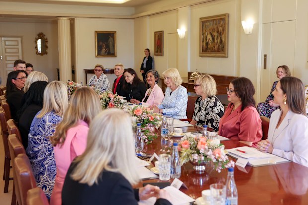 CANBERRA, AUSTRALIA - OCTOBER 21: Queen Camilla attends a discussion on family and domestic violence on October 21, 2024 in Canberra, Australia. The Queens visit to Australia is her first as monarch.  (Photo by Chris Jackson/Getty Images)