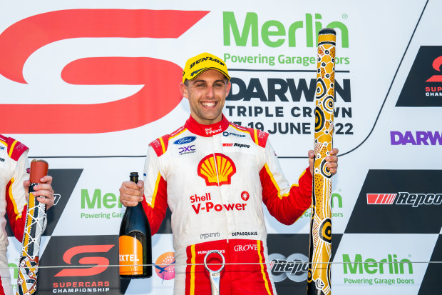 Anton De Pasquale celebrates winning the first race of the weekend at the Darwin Triple Crown in the Supercars Championship Season at Hidden Valley Raceway on June 18, 2022 in Darwin, Australia. (Photo by Daniel Kalisz/Getty Images)